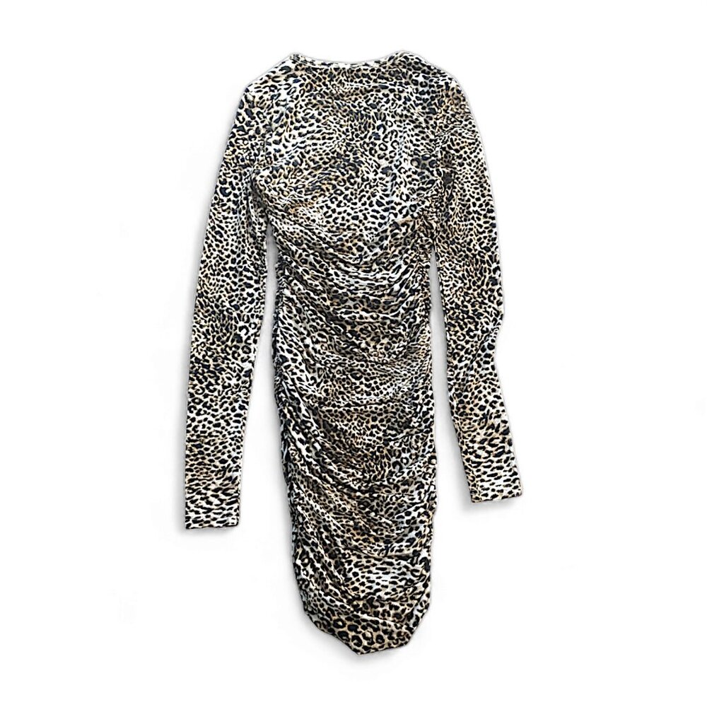 Sz S SNDYS Bodycon Dress Long Sleeves Ruched Sides Leopard Print Tan Black